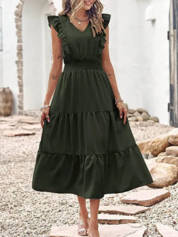 Smocked Waist Midi Dress with Ruffled Shoulders and Tiered Pleats