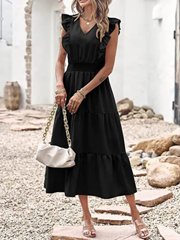 Smocked Waist Midi Dress with Ruffled Shoulders and Tiered Pleats
