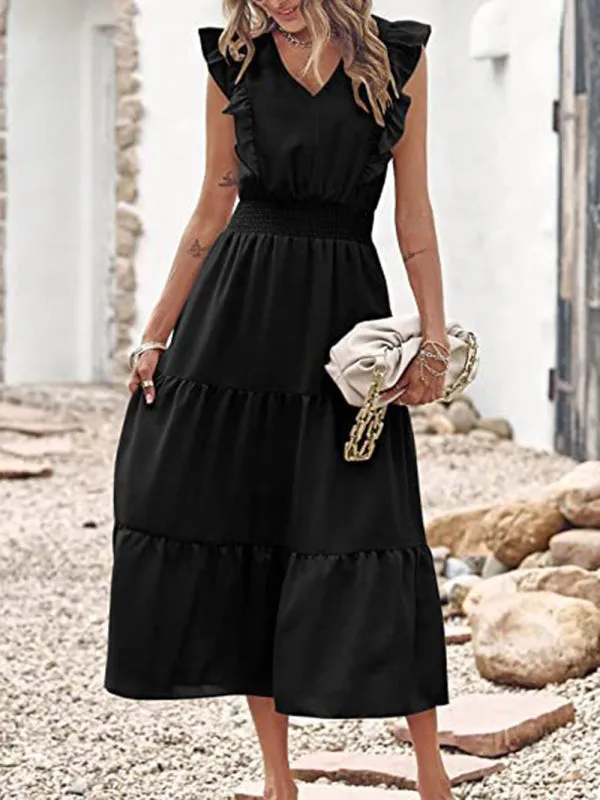 Smocked Waist Midi Dress with Ruffled Shoulders and Tiered Pleats