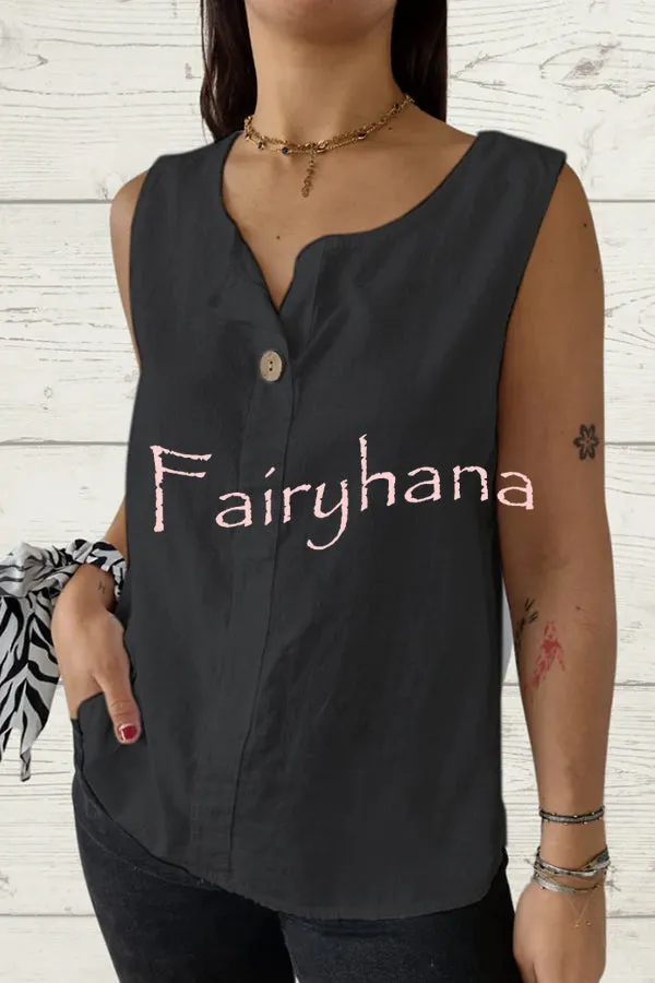 Solid Color V-Neck Button Loose Sleeveless Top