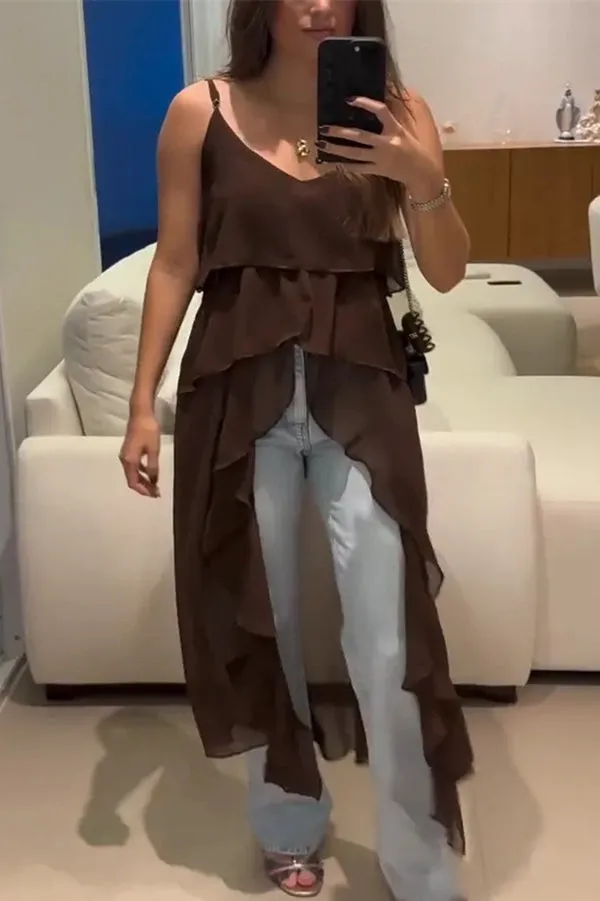 Solid Color V-neck Ruffled Irregular Loose Top