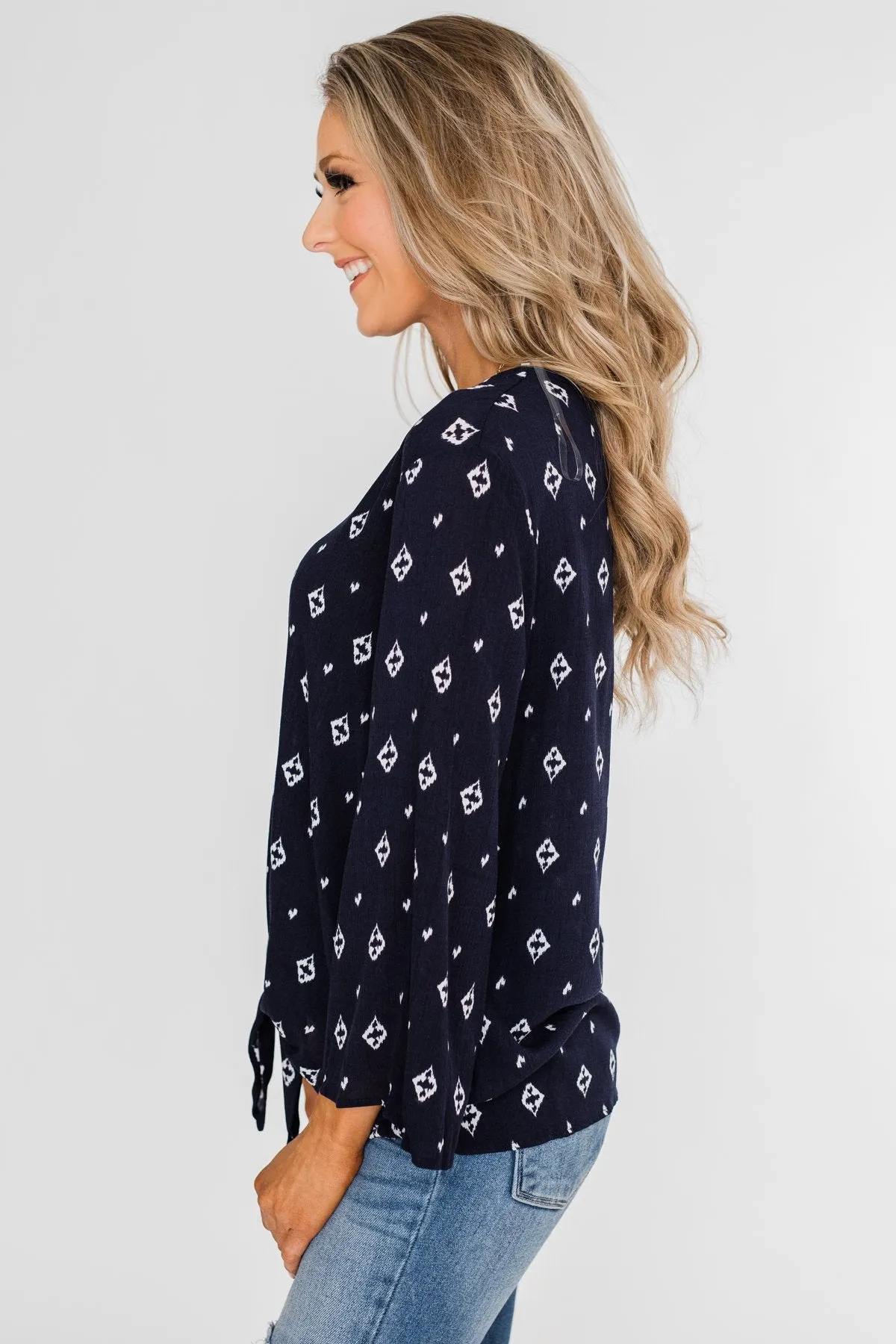 Something About You Printed Tie Blouse- Navy