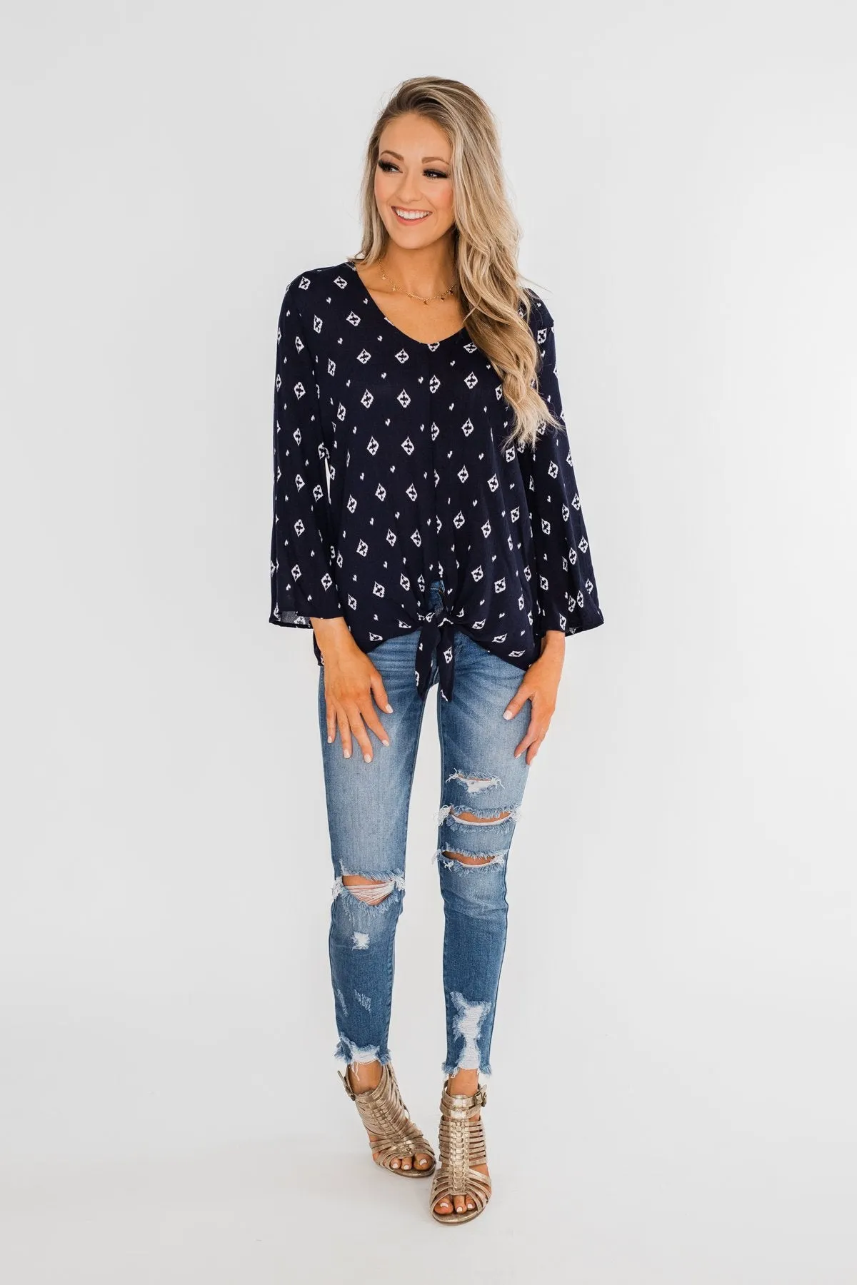 Something About You Printed Tie Blouse- Navy