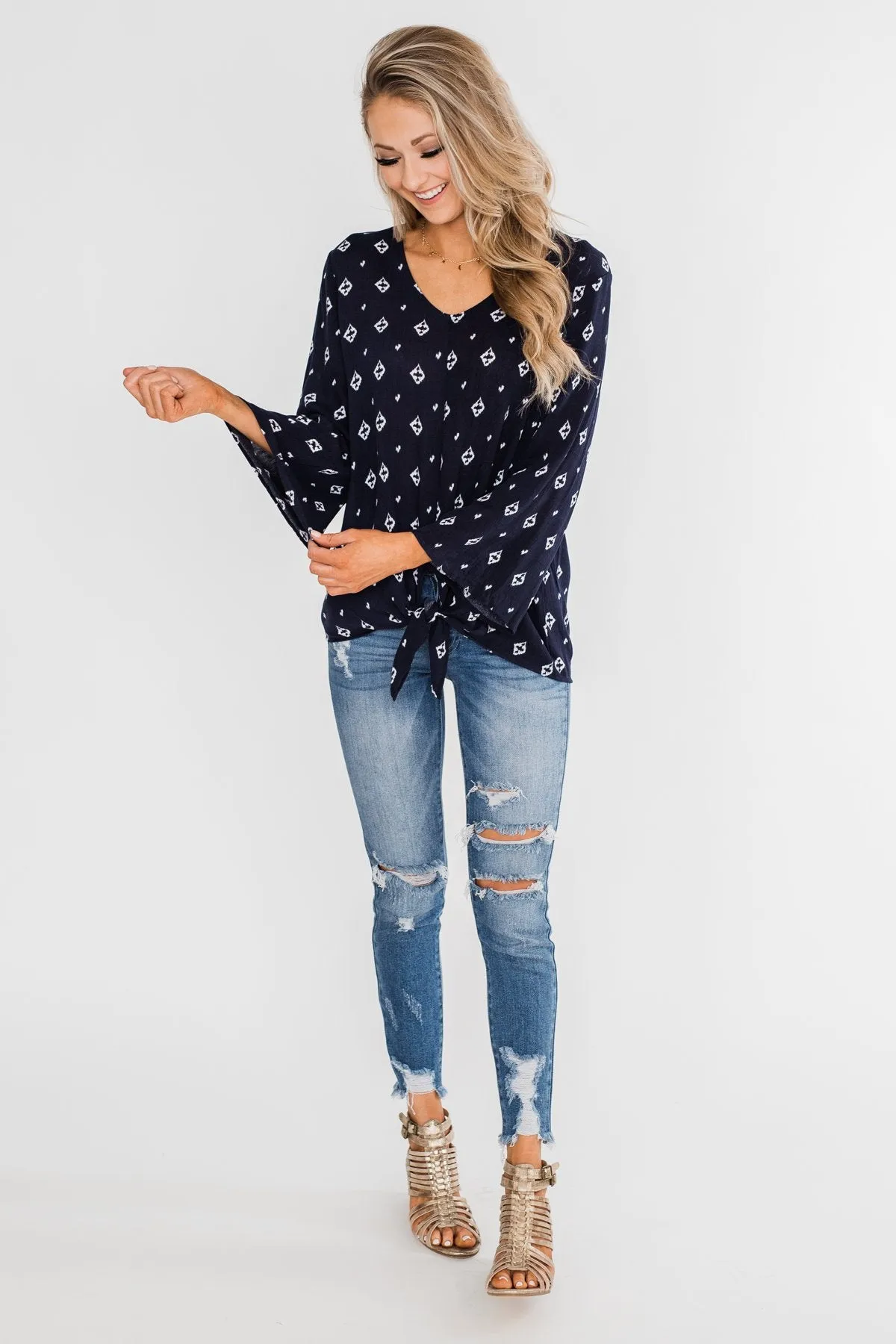 Something About You Printed Tie Blouse- Navy
