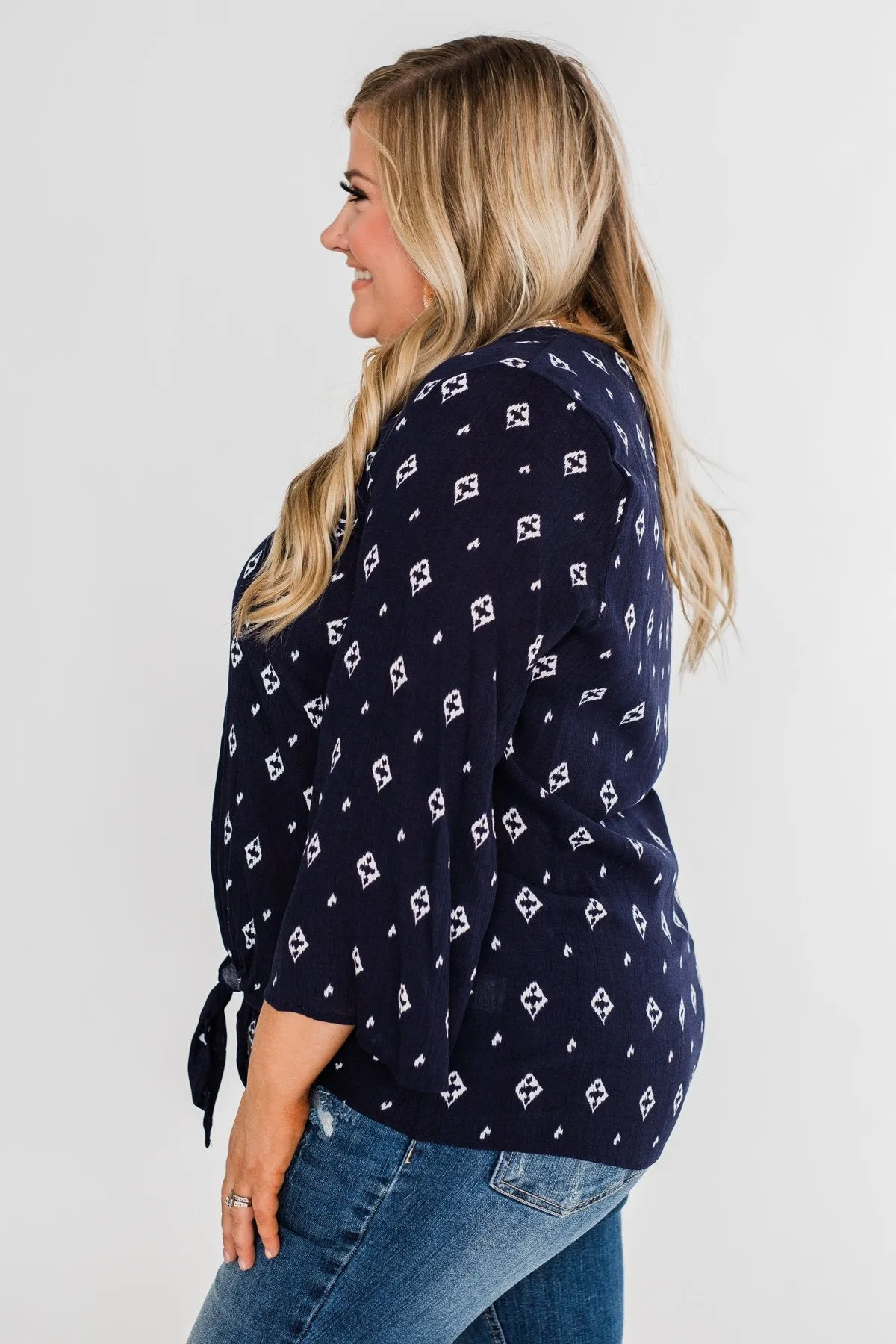 Something About You Printed Tie Blouse- Navy