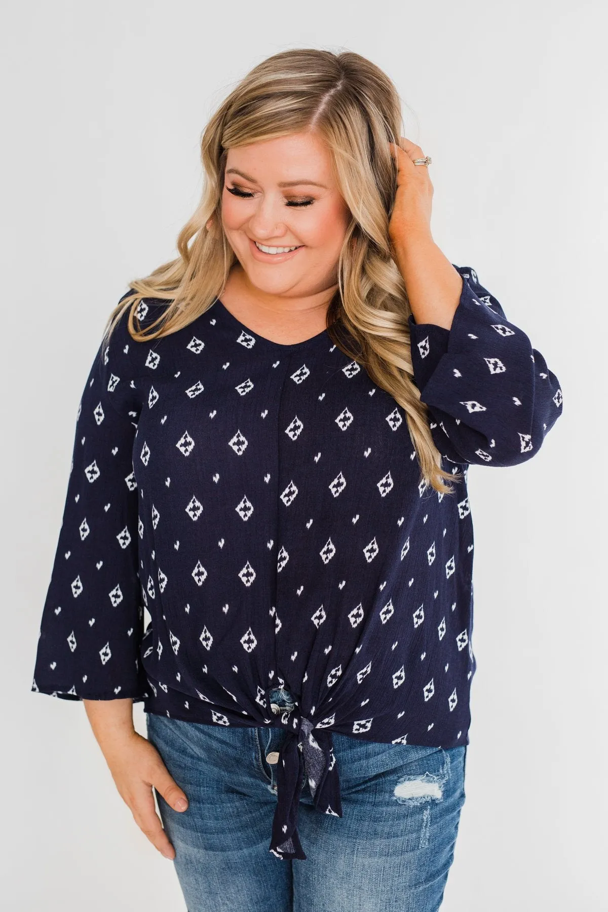 Something About You Printed Tie Blouse- Navy