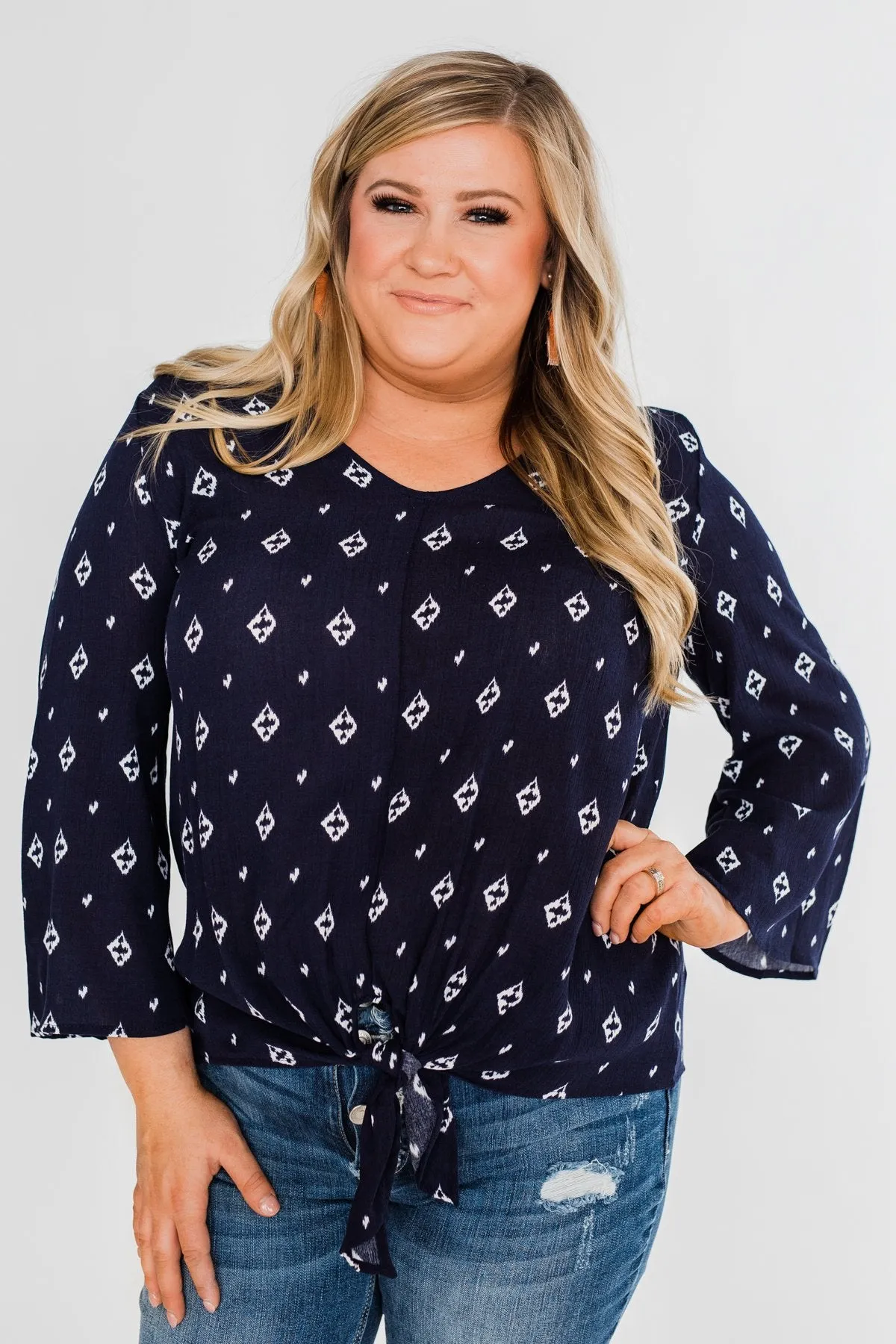 Something About You Printed Tie Blouse- Navy