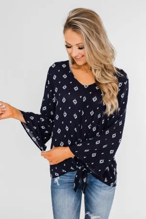 Something About You Printed Tie Blouse- Navy