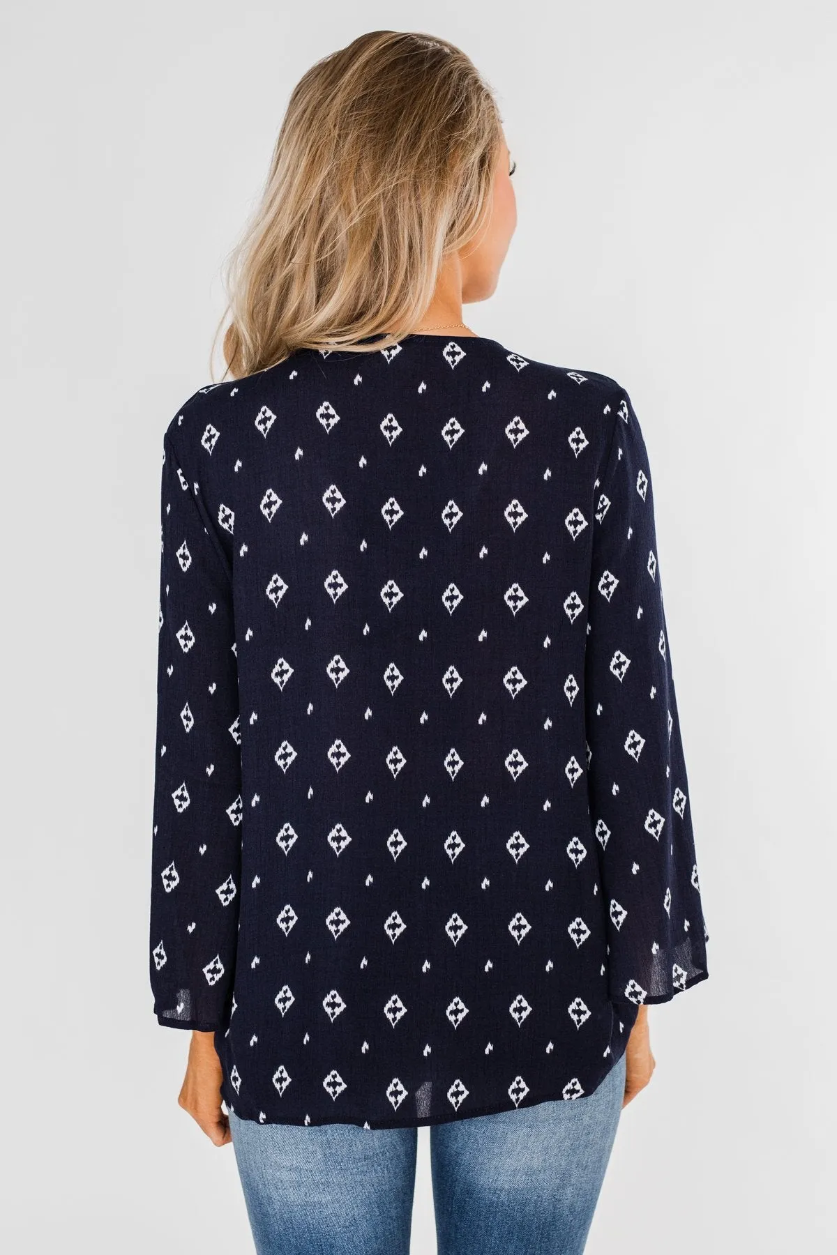 Something About You Printed Tie Blouse- Navy