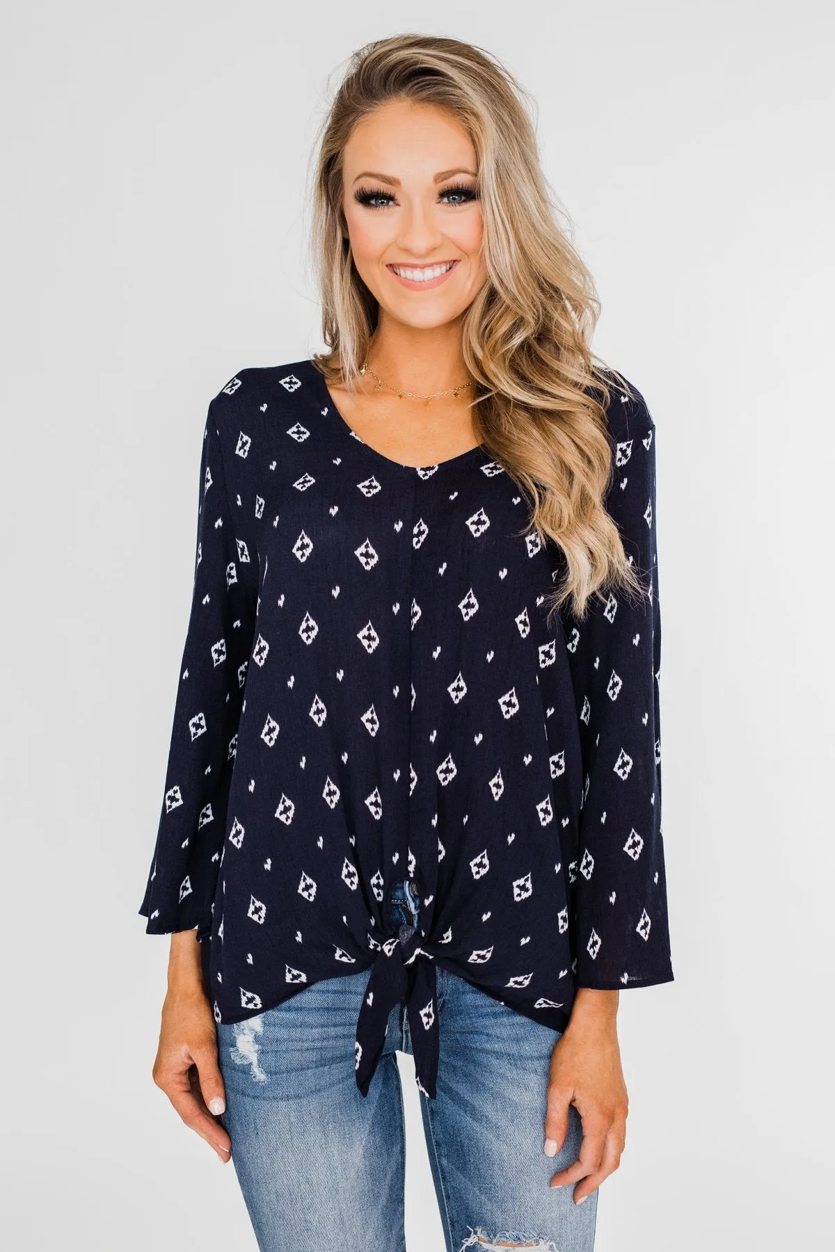 Something About You Printed Tie Blouse- Navy