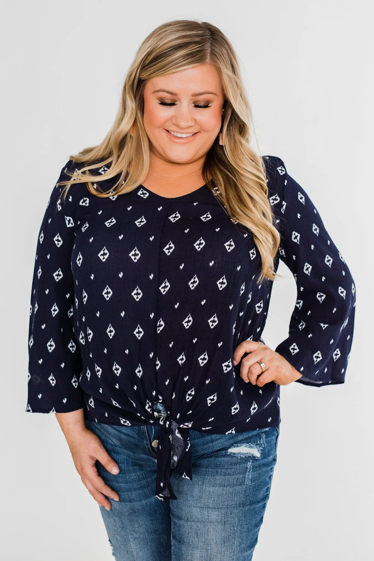 Something About You Printed Tie Blouse- Navy