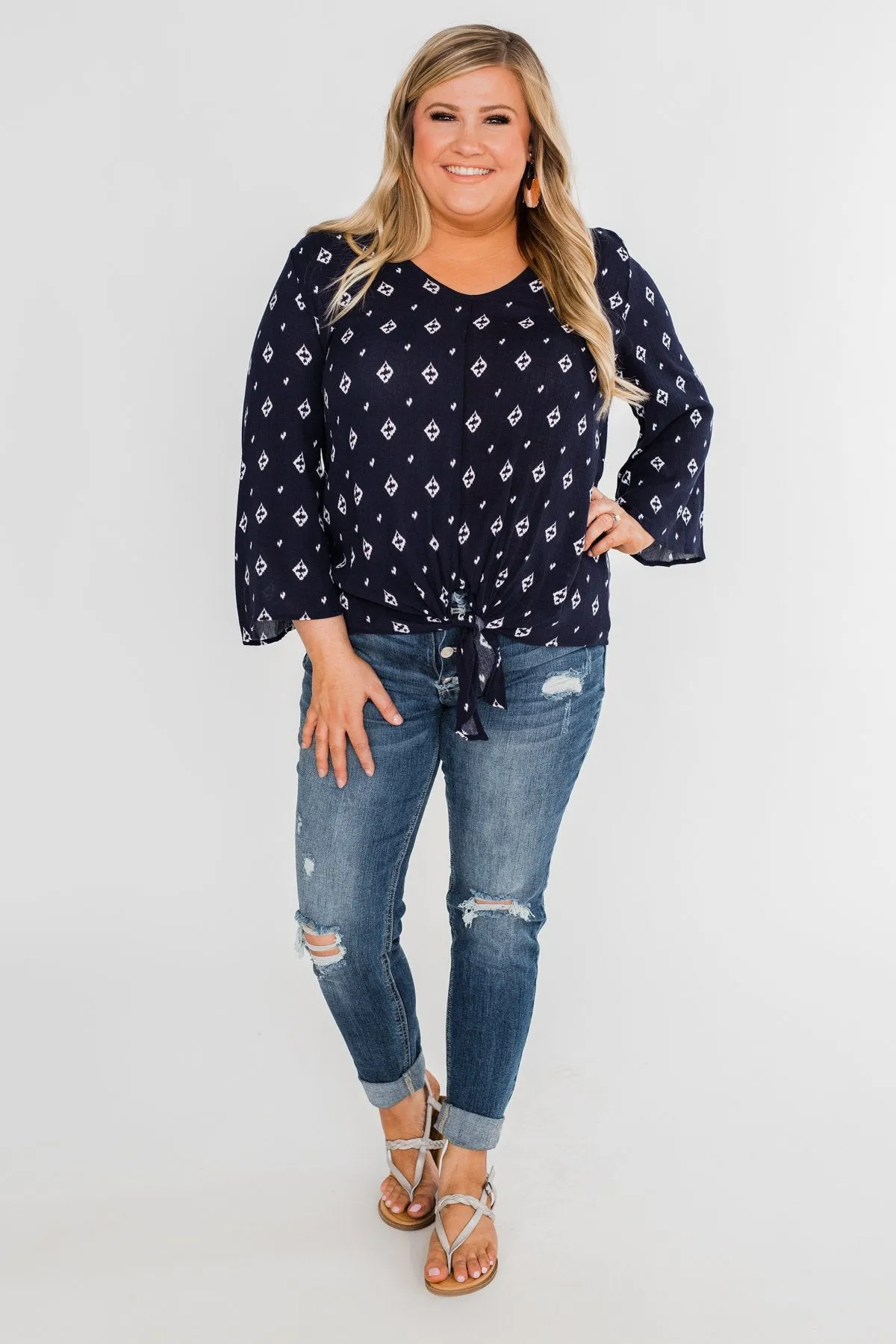Something About You Printed Tie Blouse- Navy