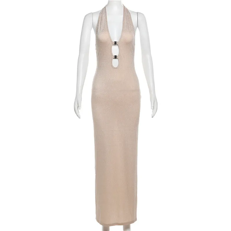 Space Dye Deep V Halter Maxi Dress