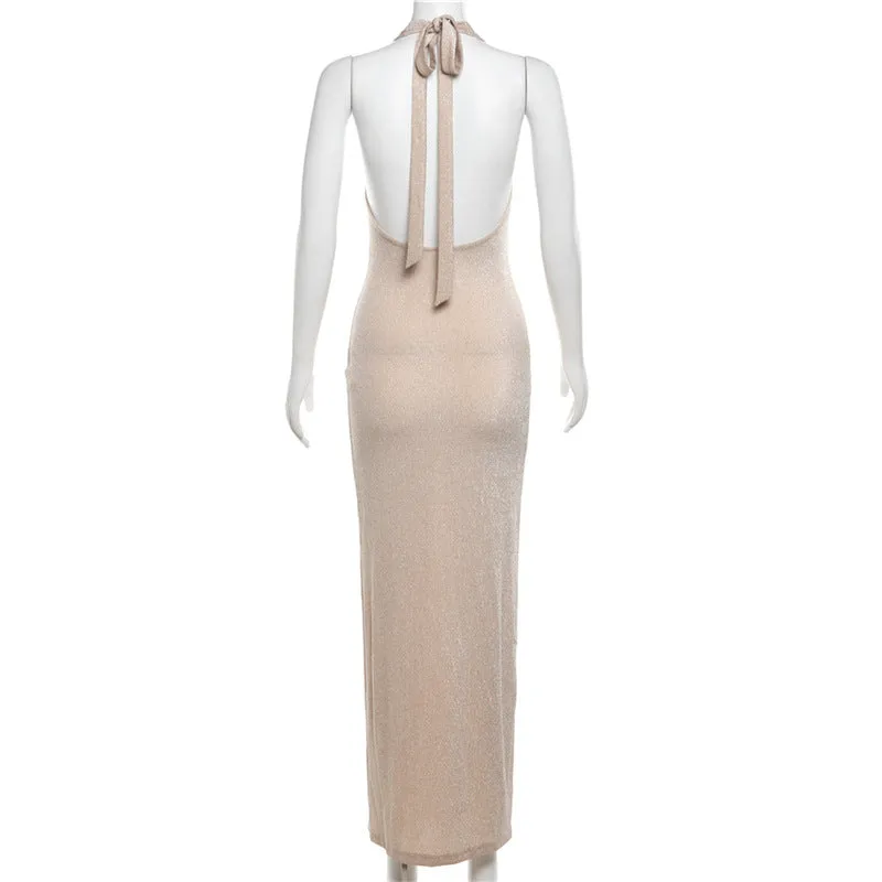 Space Dye Deep V Halter Maxi Dress