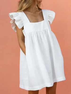 Square Neck Blouse Solid Summer Holiday Loose Women Mini Dress