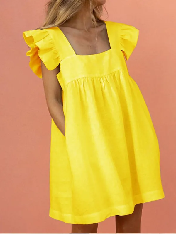 Square Neck Blouse Solid Summer Holiday Loose Women Mini Dress
