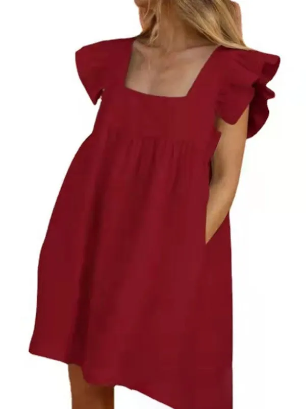 Square Neck Blouse Solid Summer Holiday Loose Women Mini Dress