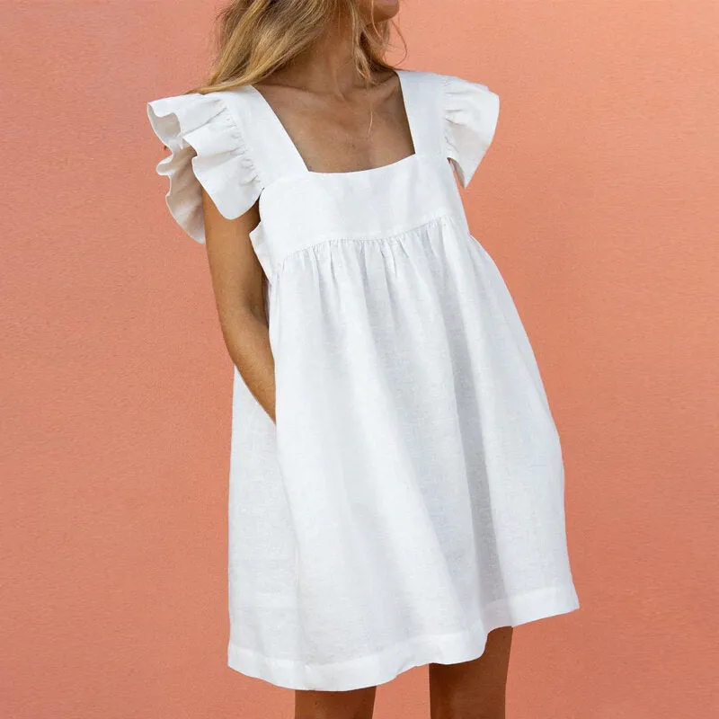Square Neck Blouse Solid Summer Holiday Loose Women Mini Dress