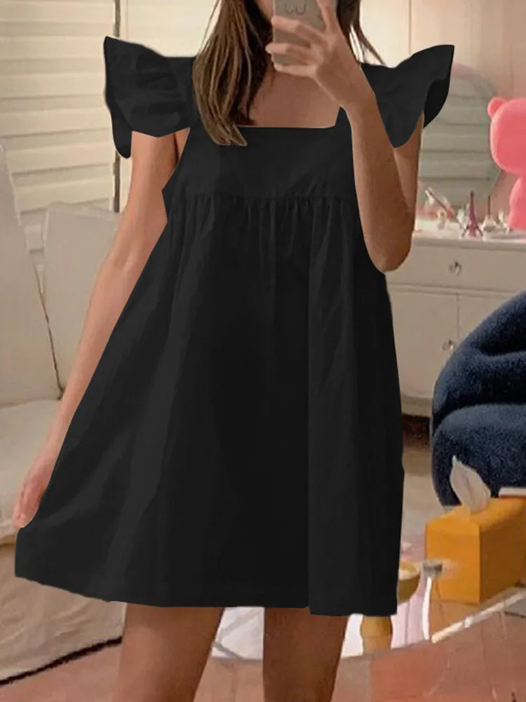 Square Neck Blouse Solid Summer Holiday Loose Women Mini Dress