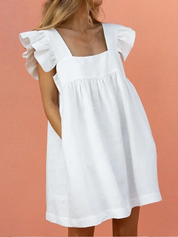 Square Neck Blouse Solid Summer Holiday Loose Women Mini Dress