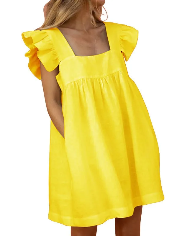 Square Neck Blouse Solid Summer Holiday Loose Women Mini Dress