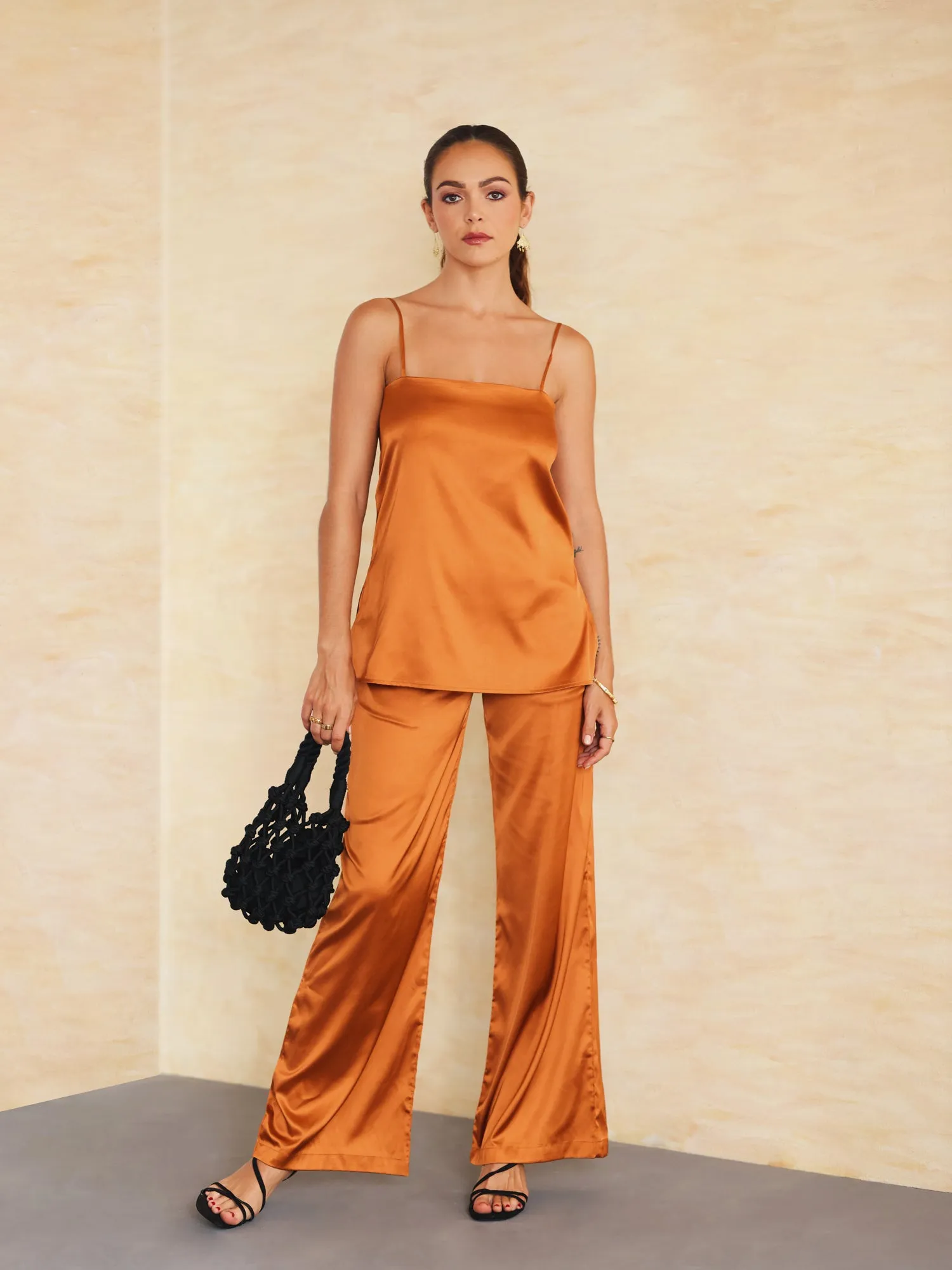 Straight Neck Loose Fit Satin Top