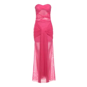Strapless Cut Out Sheer Skirt Maxi Dress
