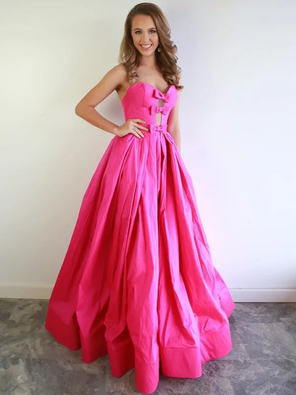 Strapless Sweetheart Neck Hot Pink Long Prom, Hot Pink Satin Long Formal Evening