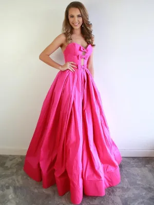 Strapless Sweetheart Neck Hot Pink Long Prom, Hot Pink Satin Long Formal Evening