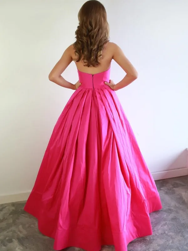 Strapless Sweetheart Neck Hot Pink Long Prom, Hot Pink Satin Long Formal Evening