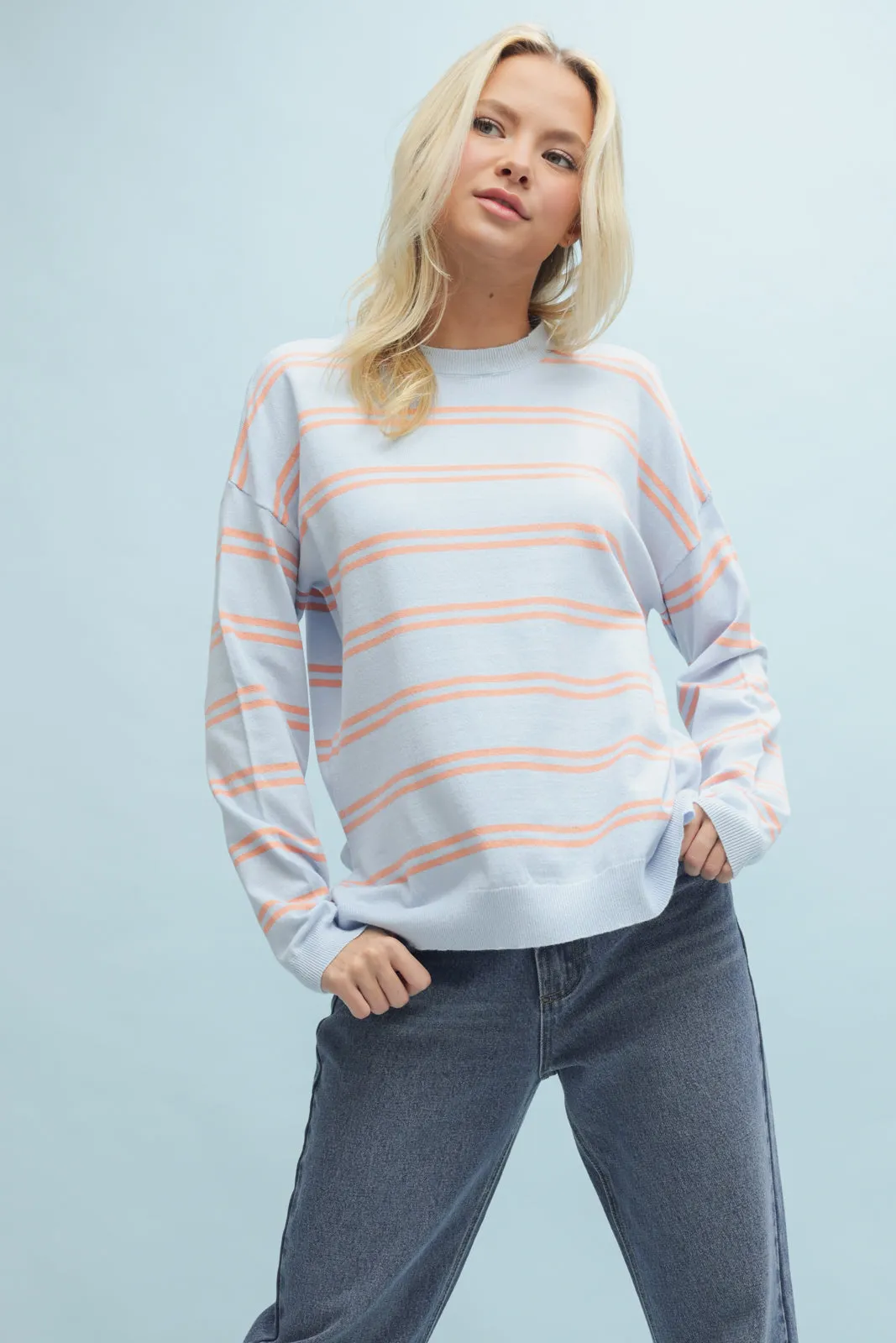 Striped Pullover Sweater - Blue/Coral Mix