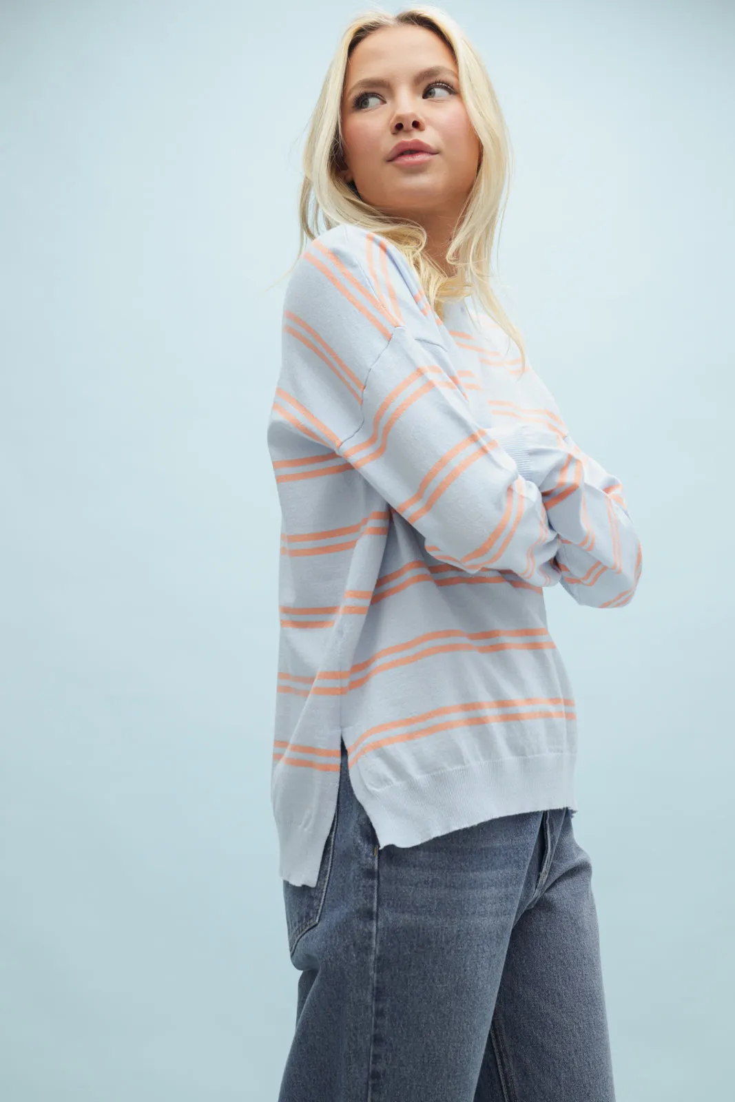 Striped Pullover Sweater - Blue/Coral Mix