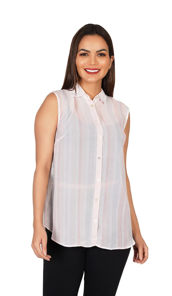 Striped Sleeveless Collar Shirt | Peach Shirt