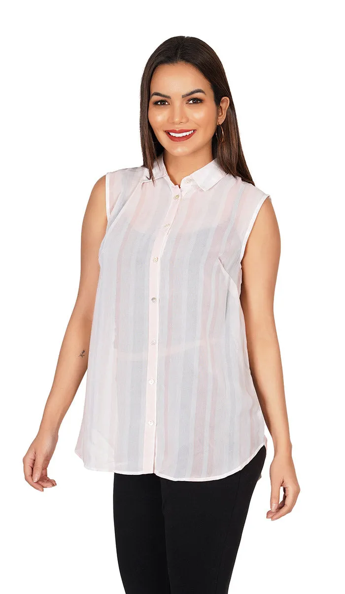 Striped Sleeveless Collar Shirt | Peach Shirt