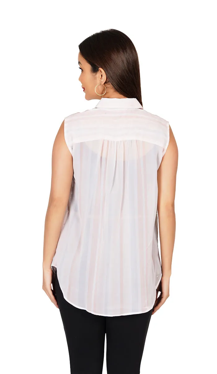 Striped Sleeveless Collar Shirt | Peach Shirt