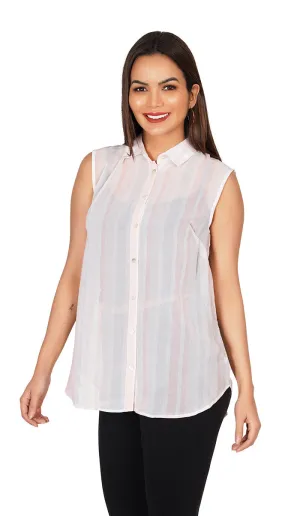Striped Sleeveless Collar Shirt | Peach Shirt