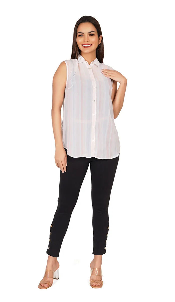 Striped Sleeveless Collar Shirt | Peach Shirt