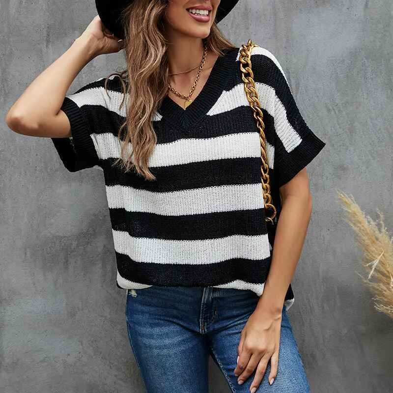 Summer Fall Color Block Striped Lightweight Comfy Cable Knit Beach Pullover Sweaters K082
