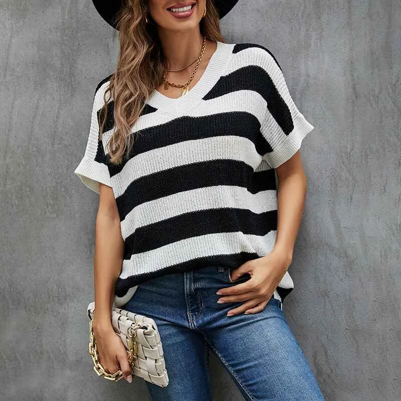 Summer Fall Color Block Striped Lightweight Comfy Cable Knit Beach Pullover Sweaters K082