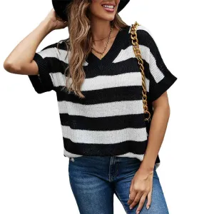 Summer Fall Color Block Striped Lightweight Comfy Cable Knit Beach Pullover Sweaters K082