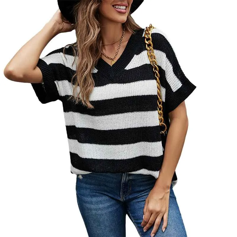 Summer Fall Color Block Striped Lightweight Comfy Cable Knit Beach Pullover Sweaters K082