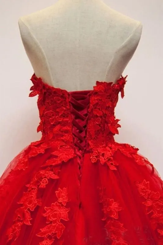Sweetheart Neck Red Lace Appliques Long Prom, Red Lace Formal, Red Evening