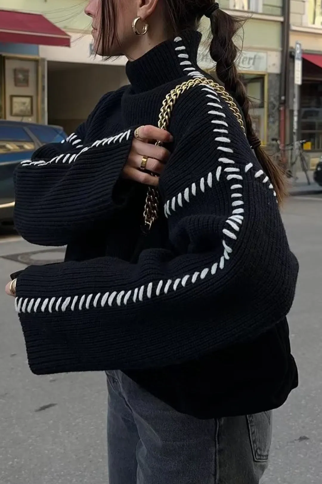 Talia - Contrast Whipstitching Turtleneck Woman's Sweater