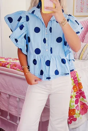 Taylor, Sky Blue Polka Dot Print Ruffled Short Sleeve Buttoned Collared Blouse