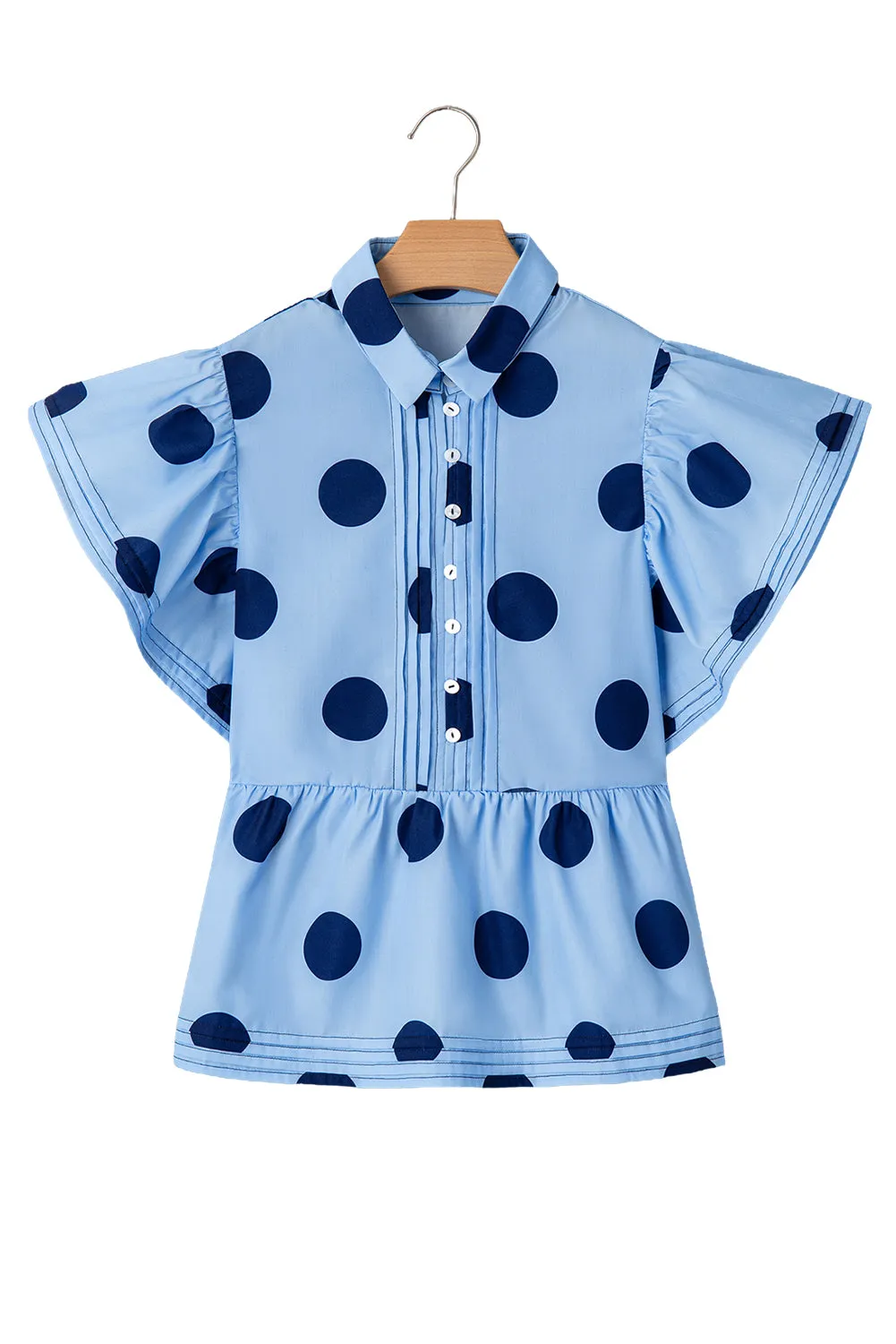 Taylor, Sky Blue Polka Dot Print Ruffled Short Sleeve Buttoned Collared Blouse