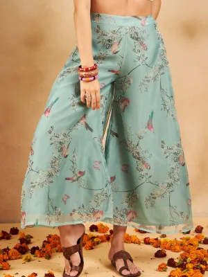 Teal Bird Print Organza Palazzo