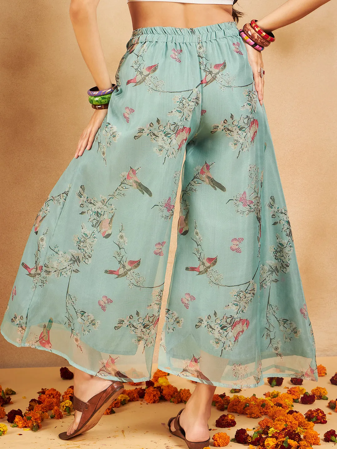 Teal Bird Print Organza Palazzo