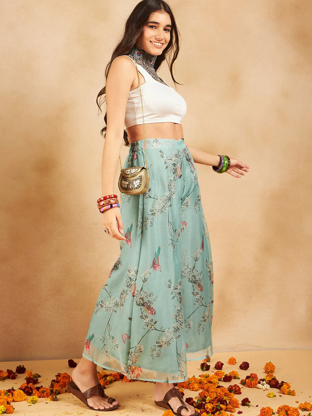 Teal Bird Print Organza Palazzo