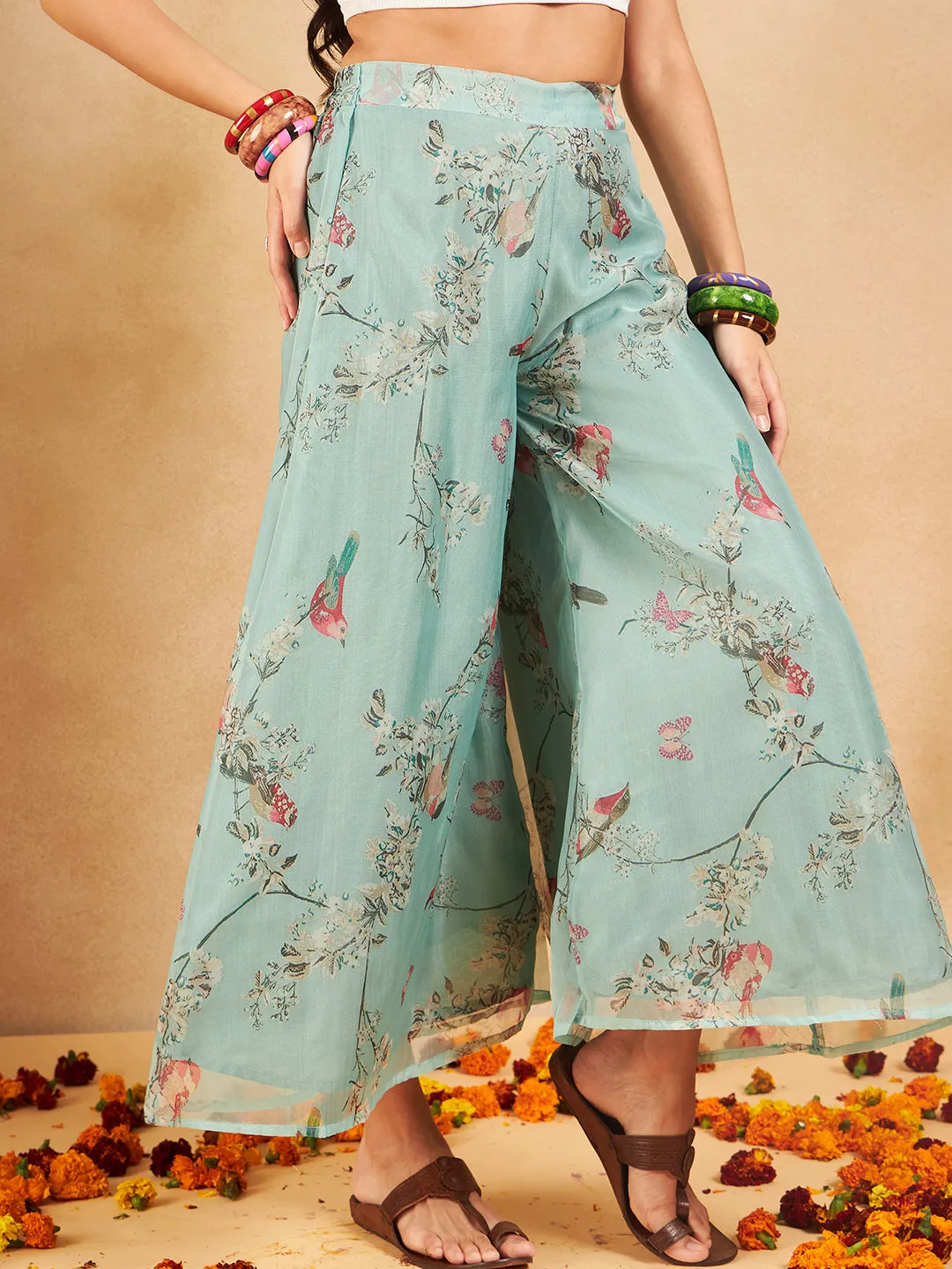 Teal Bird Print Organza Palazzo