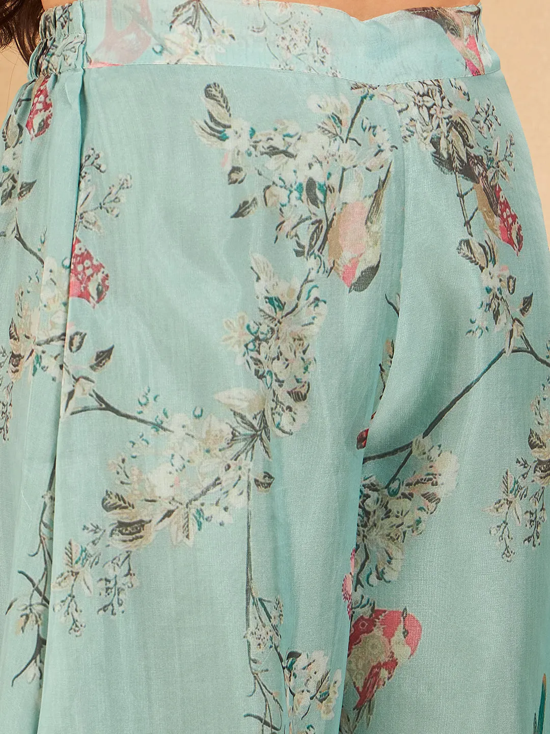 Teal Bird Print Organza Palazzo
